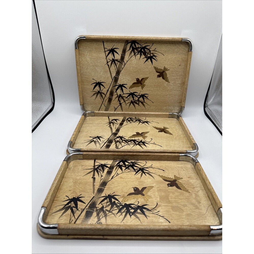 Vintage HandPainted Wooden Bamboo Bird Tray Metal Corner MCM Japan Nesting Set/3